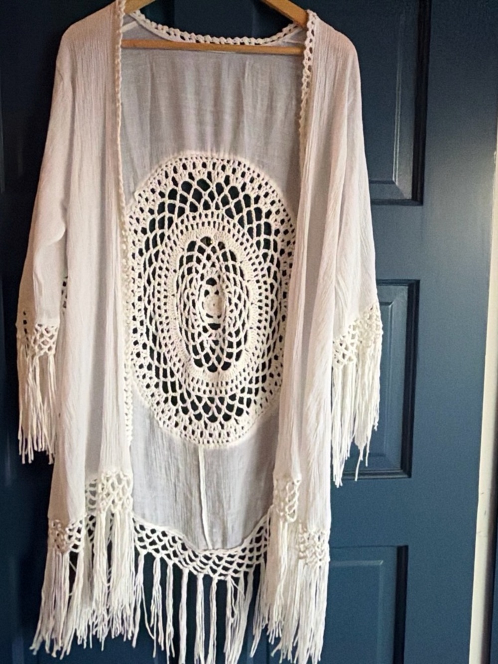 Boho White Crochet Mandala Fringe Kimono Cardigan Swim Cover-Up – One Size